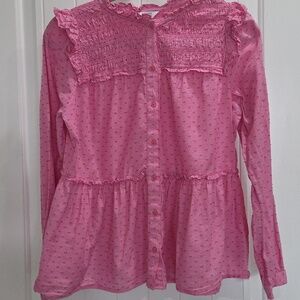 Crown & Ivy Smocked Pink Ruffle Button Up Blouse, Size Small